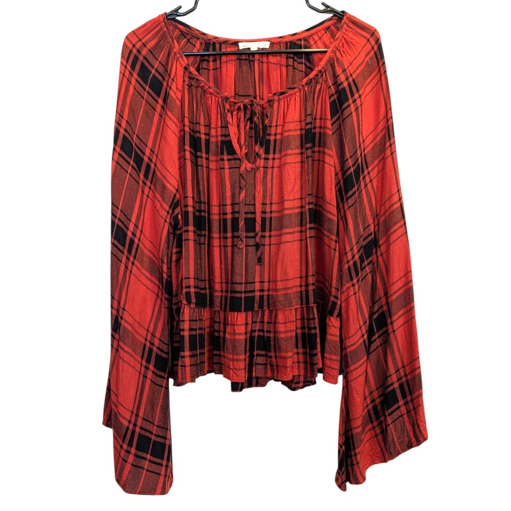 Copper Key Plaid Burnt Orange Bell Sleeve Top